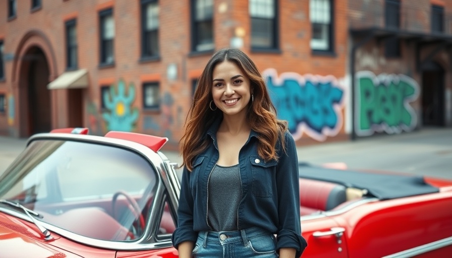 Confident woman in urban setting with red convertible, making money online.