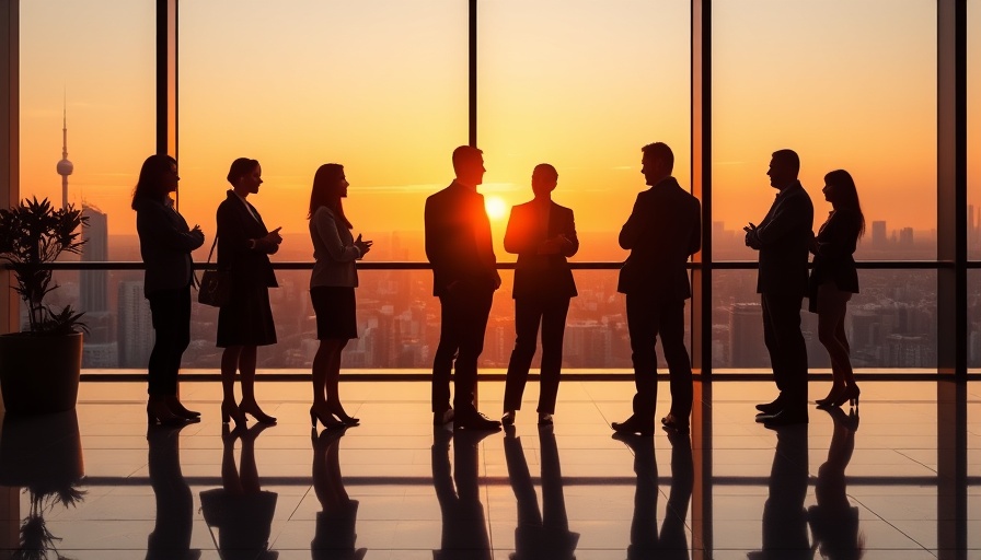 Professional gathering planning scene with silhouetted people.