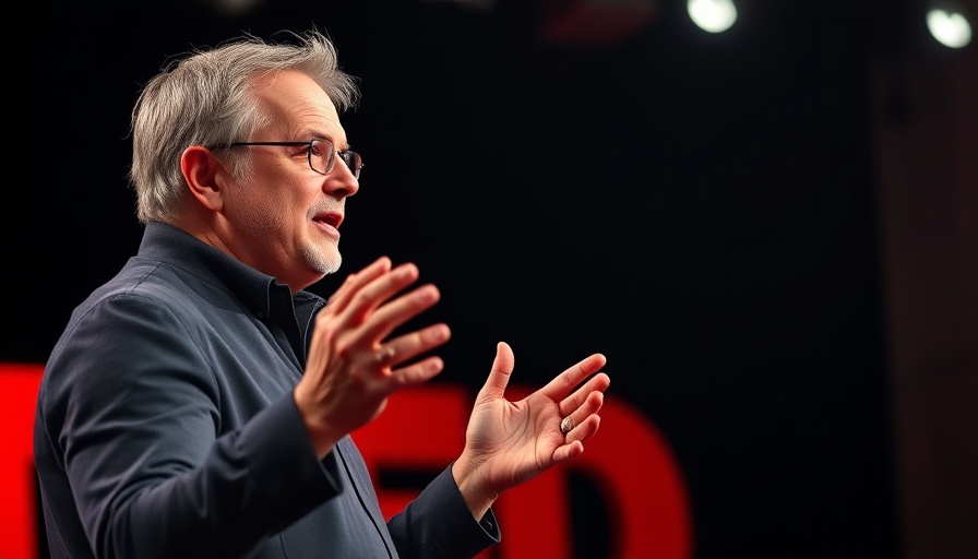 Speaker discussing democracy on stage, TED Talk setting.