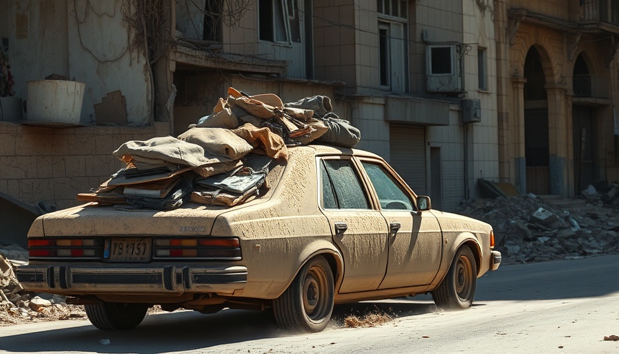 Gaza City humanitarian crisis scene with a dust-covered car in war-torn streets.