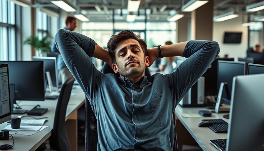 Man stretching at desk, illustrating how stress impacts sleep