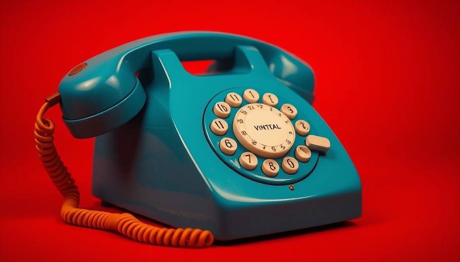 Vintage blue rotary phone on red background representing communication.