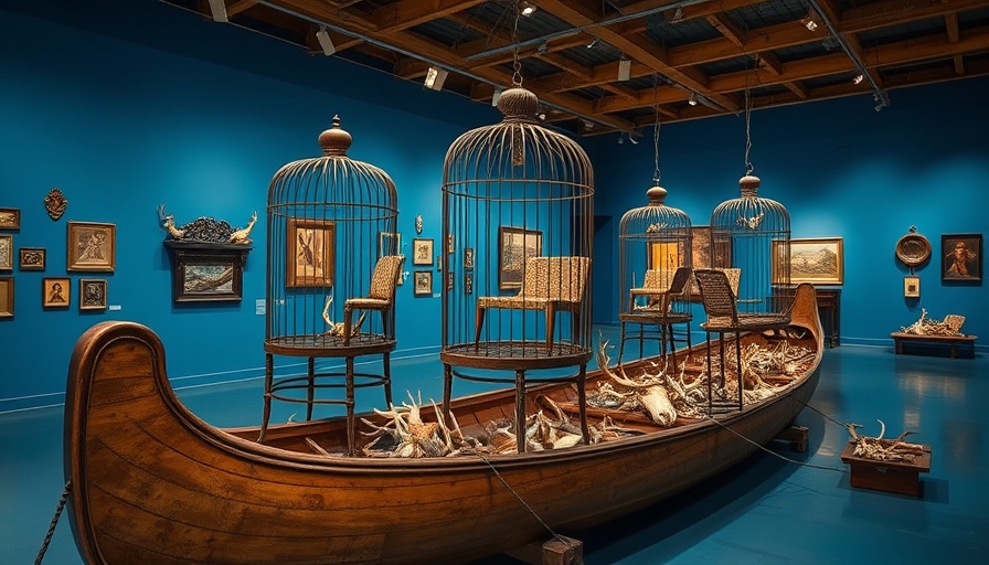 Intricate contemporary art installation with chairs in birdcages.