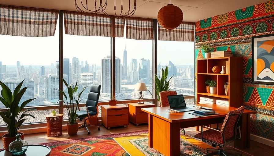 Vibrant office decor with city view through large window.