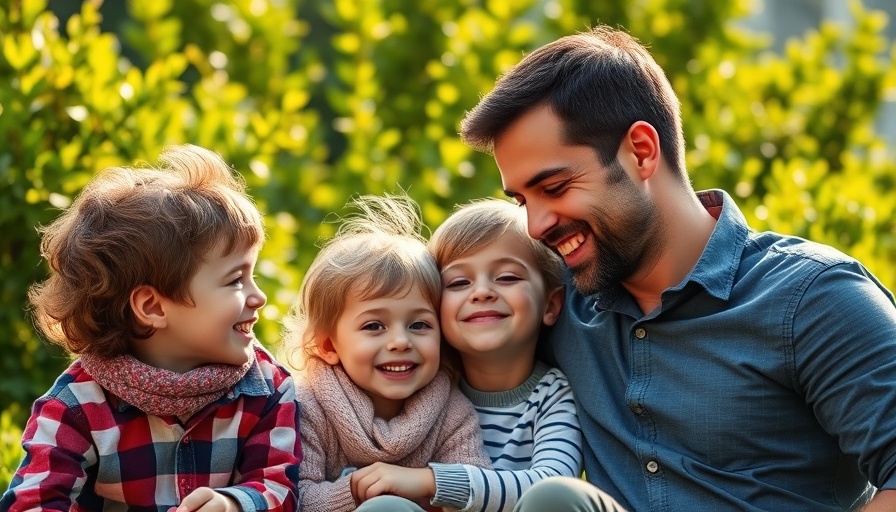 Father and children enjoying a sunny Father's Day outdoors, vibrant greenery.