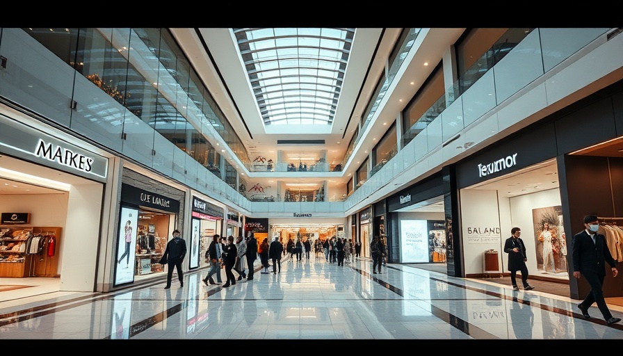 Modern mall in 2025 with fewer shoppers enjoying luxury stores.