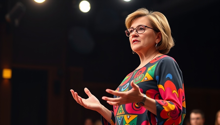 Woman delivering a talk on loss and inspiration, vibrant dress.