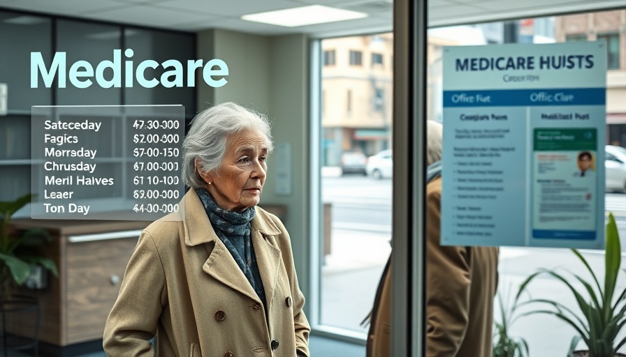 Elderly woman inside Medicare office through window reflection, urban setting