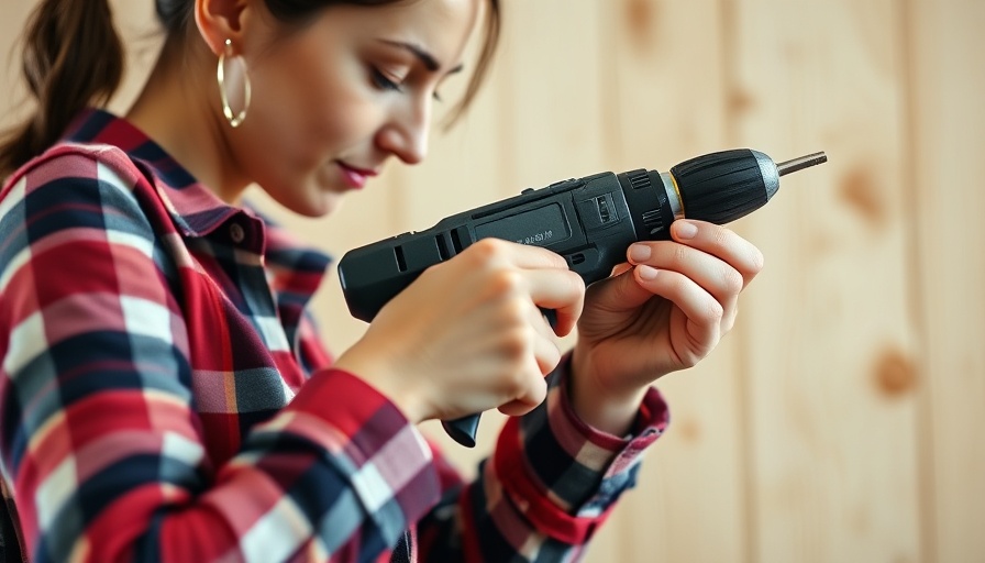 Woman in plaid shirt drilling indoors, household task depiction.