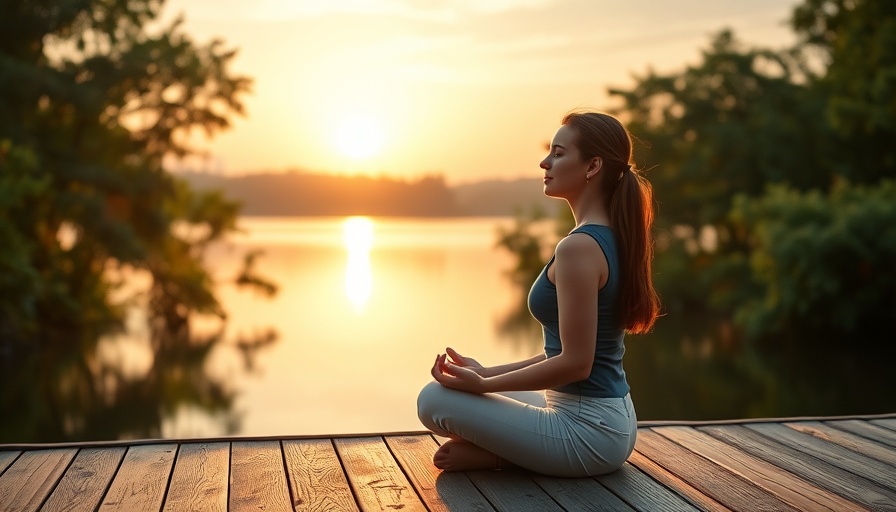 Tranquil woman meditating by a lake at sunrise, Five Minutes with God meditation.