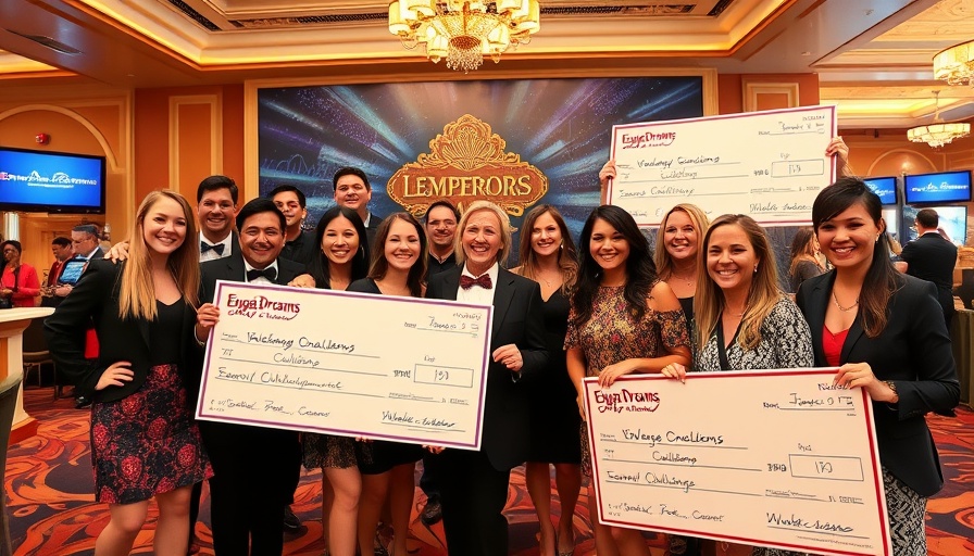 Joyful group at Vegas Dreams Charity Challenge with large checks.