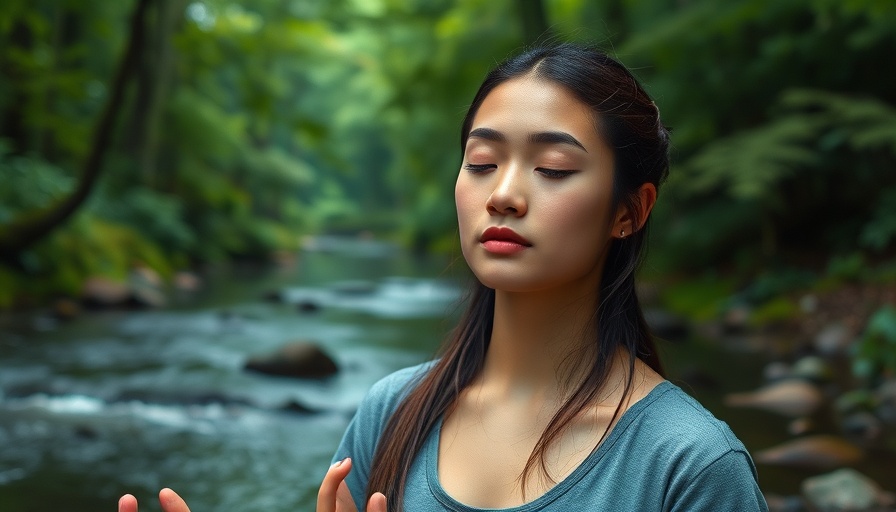 Young woman meditating in a peaceful, natural setting.