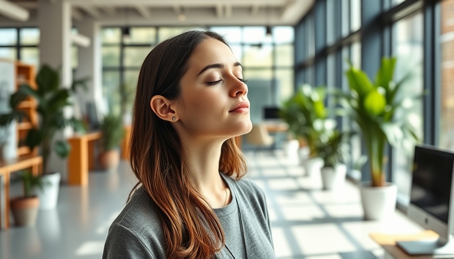 Mindful woman in office practicing mindfulness, serene atmosphere.