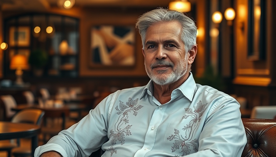 Mature man in cafe lounge, South African politics theme.