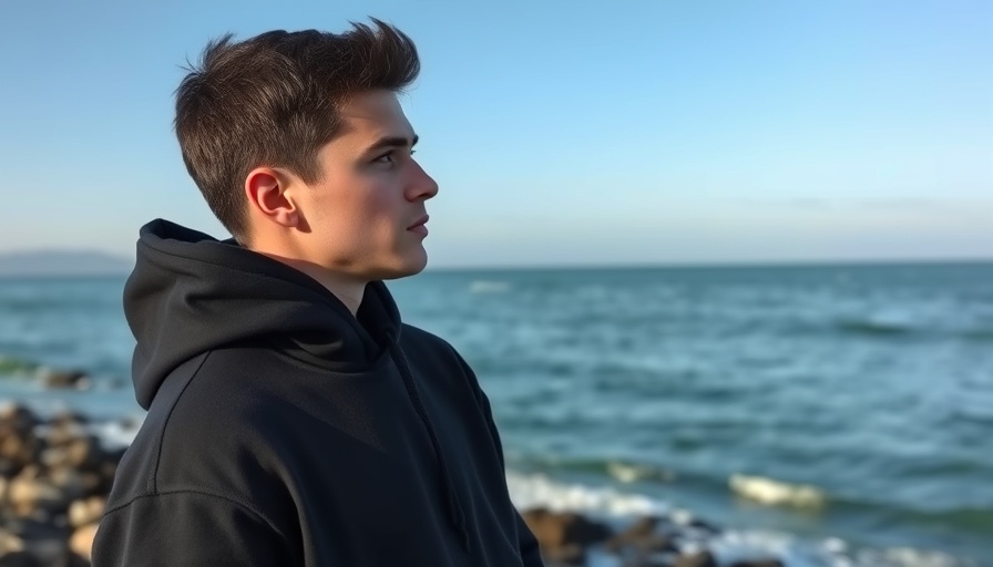 Young man gazing at sea, mental health recovery support theme.