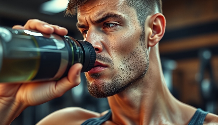 Athletic man drinks from bottle, hidden power of electrolytes focus.