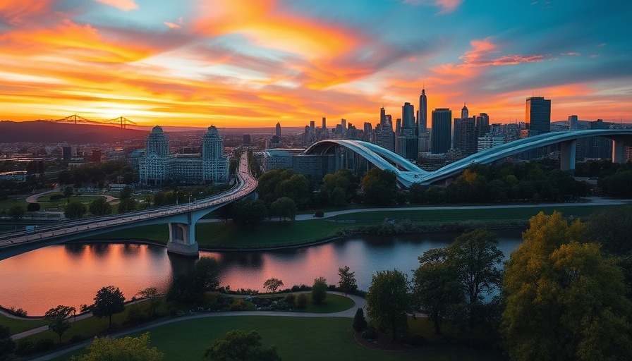 Vibrant city with bridge, river, and park at sunset for weekend getaways.