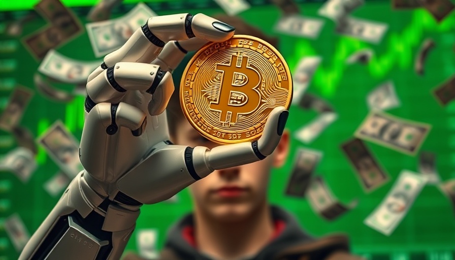 Futuristic robotic hand holding Bitcoin with a financial chart.