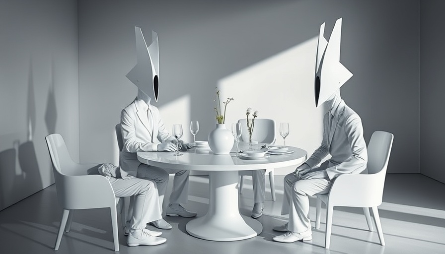Surreal monochrome scene of three figures with abstract headpieces seated at a table, 'Kill Your Idols single' theme.