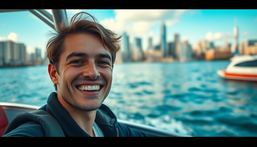 Smiling young man on boat ride, cityscape view.