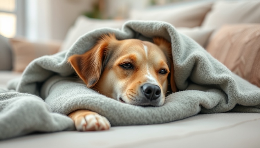 Dog wrapped in calming blanket, relaxed in cozy living room.