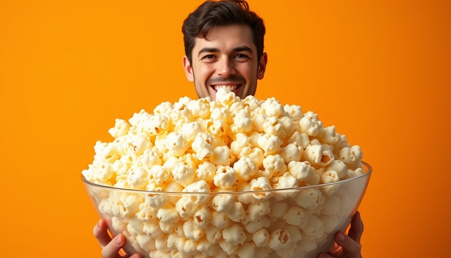 Large bowl of popcorn and a man promoting popcorn as a fat burning snack.