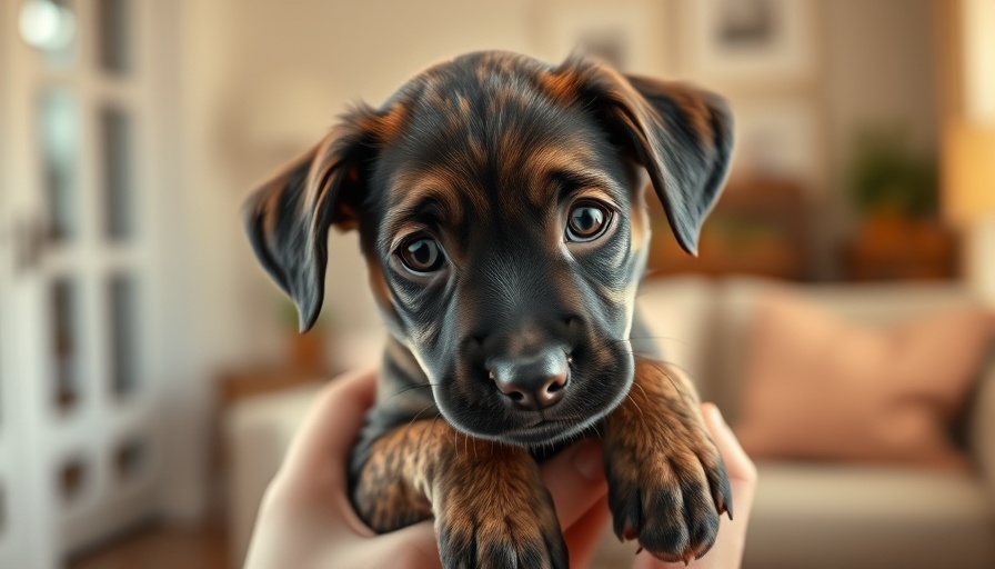 Puppy with brindle coat being held indoors, related to seasonal allergies in dogs.