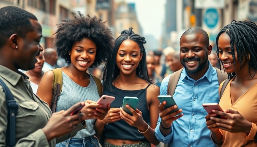 Diverse group using phones for cross-border payments in sub-Saharan Africa city.