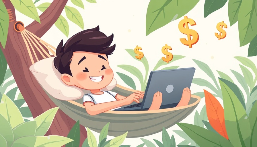 Whimsical character in hammock with laptop, surrounded by money signs and plants.