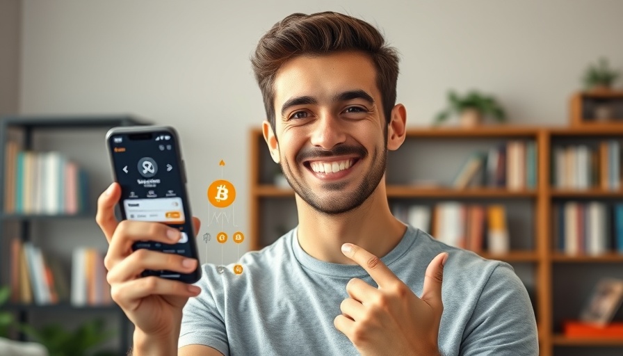 Man showcasing crypto investment app with Bitcoin symbol, smiling.