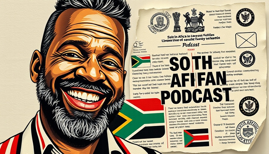 Digital collage satirizing South African politics with podcast theme.