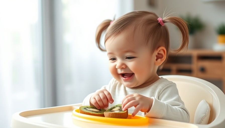 Adorable baby exploring food in high chair, baby-led weaning meal ideas.