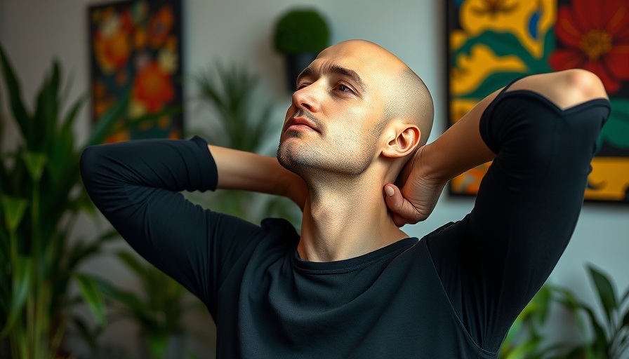 Bald man demonstrates quick neck pain relief exercise indoors.