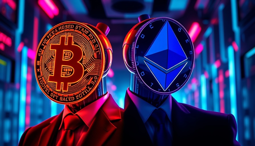 Futuristic Bitcoin and Ethereum symbols in a suit, questioning market dominance.