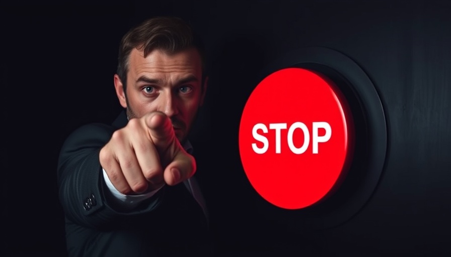 Focused man reaching toward a large red STOP button, illustrating the STOP technique for OCD.