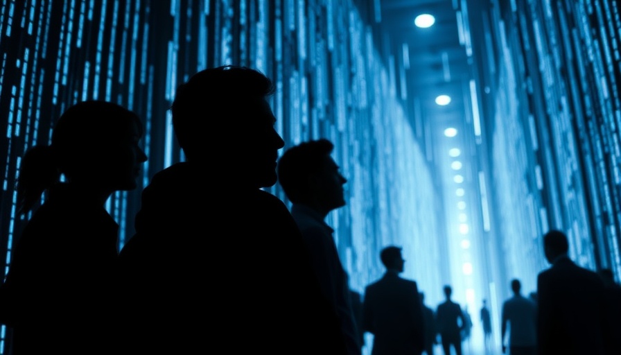 Futuristic silhouettes in a digital data environment, future of work and human connection.