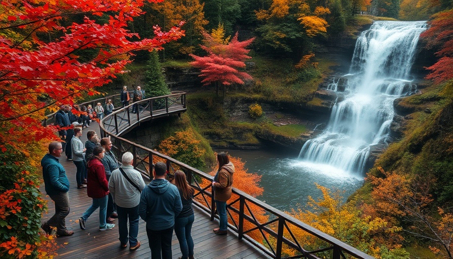 Secret state park with waterfall, autumn colors, visitors on wooden deck.