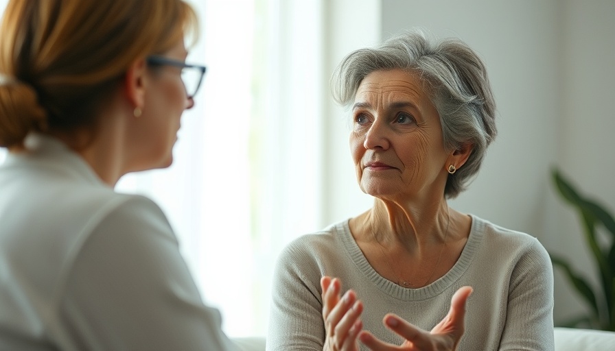 Compassionate woman discussing mental health awareness indoors.