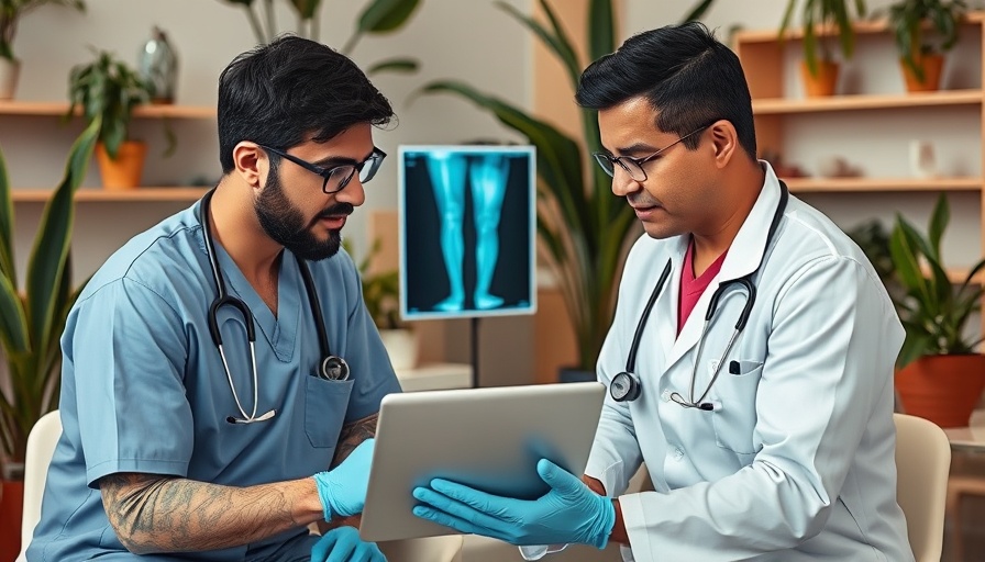 Professionals examining X-ray for joint health discussion.
