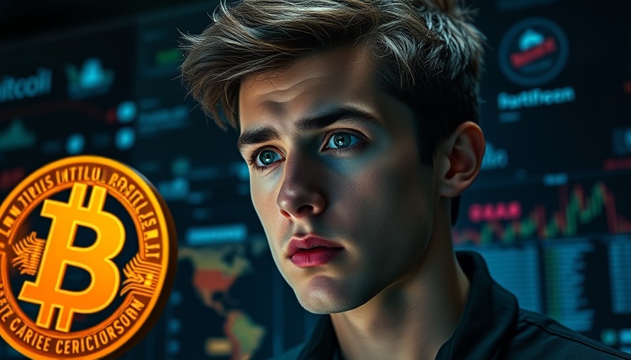 Young man contemplating Bitcoin and DeFi symbols on dark background.