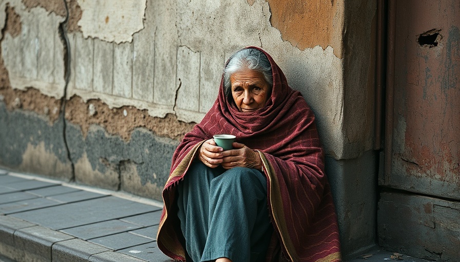 Homeless woman wrapped in blanket holding cup, urban setting.
