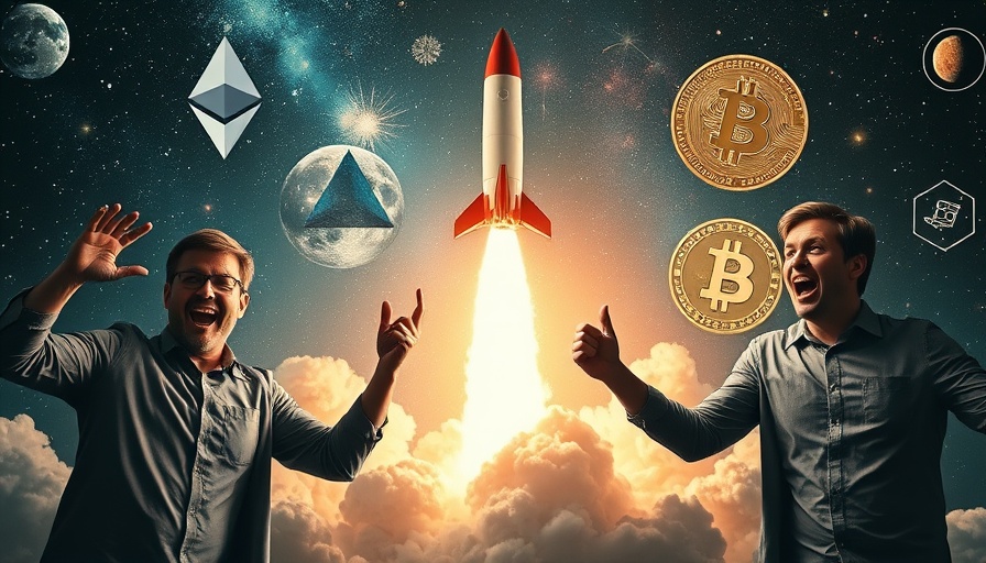 Ethereum, Bitcoin symbols with rocket, dynamic space collage.