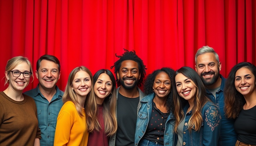 JOMBA! Dance Festival participants in front of red curtain, smiling warmly.