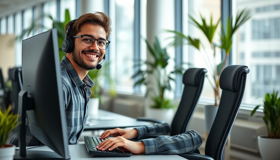 Smiling man working in office, illustrating SEO in-house vs outsourcing.