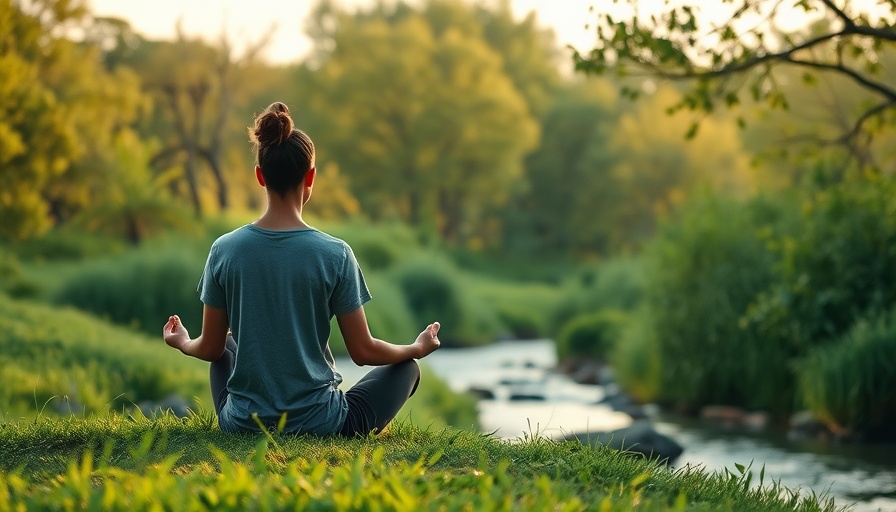 Serene landscape for resetting our brains for mental health, person meditating outdoors.