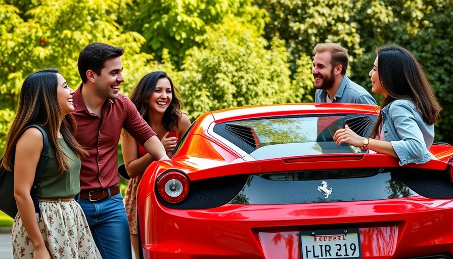Group celebrating Ferrari birthday with laughter and vibrant car.