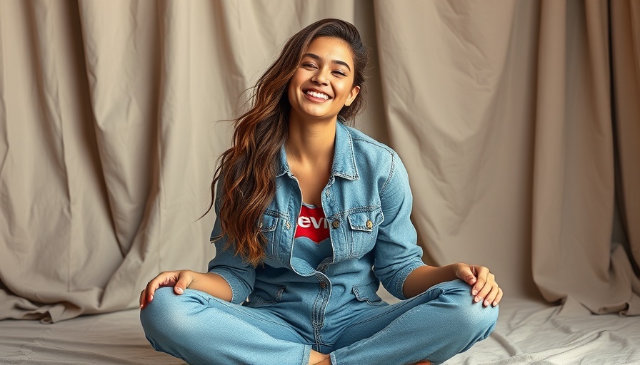 Joyful woman in denim showcasing Levi's branding strategy.