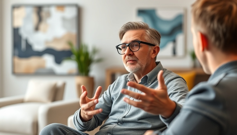 Man discussing mental health management in a modern setting.