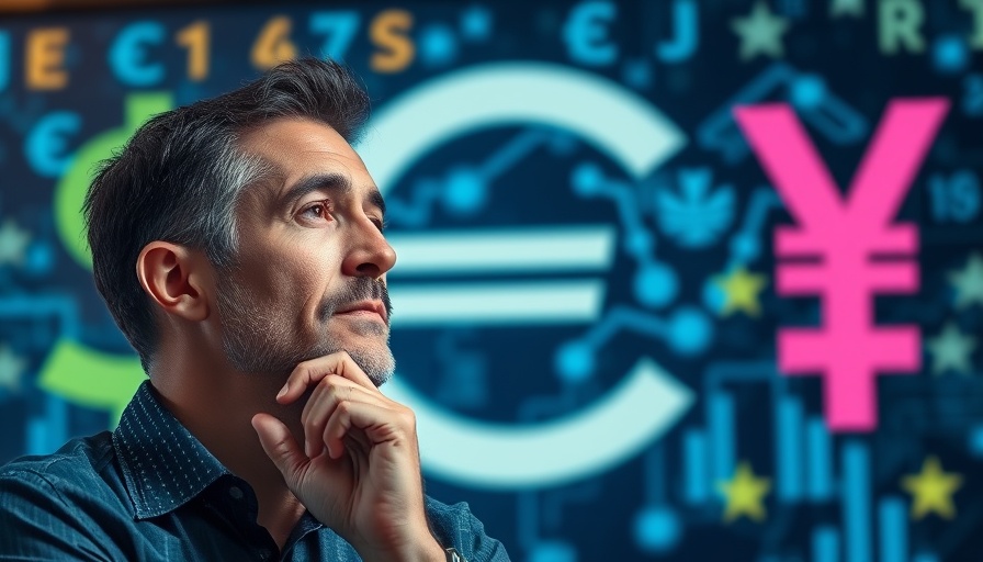 Contemplative man with currency symbols representing stablecoin regulations.