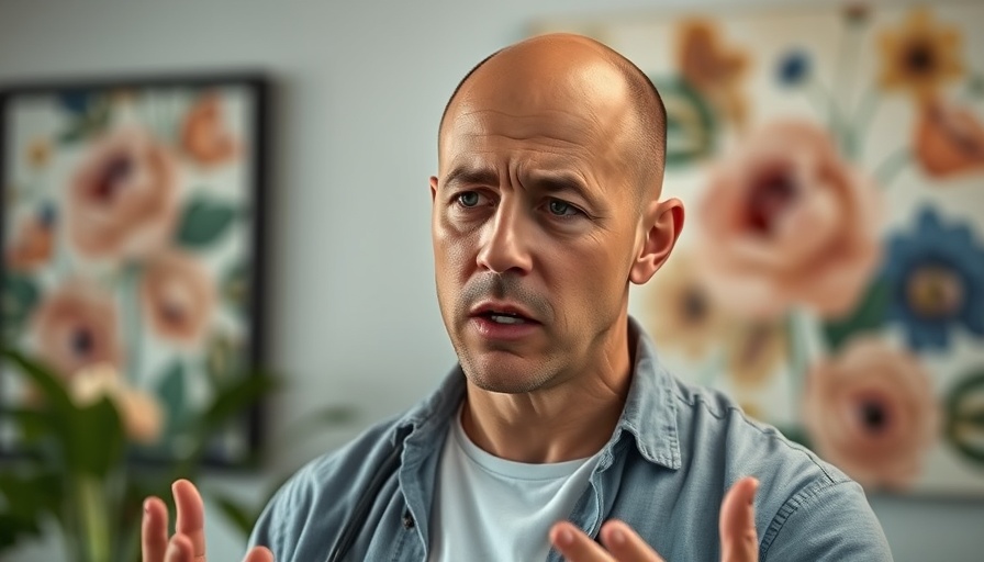 Concerned man discussing health indoors with floral background.